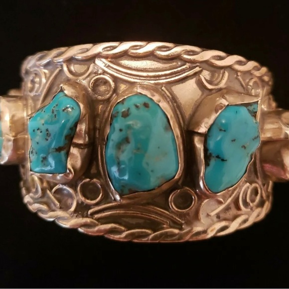 Massive Cuff Bracelet With 7 Turquoise Nuggets Vintage Sterling Silver - Picture 2 of 14